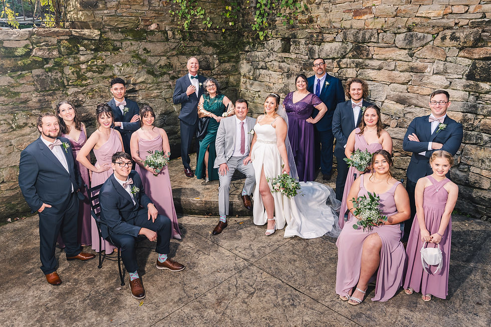 the wedding party poses in the stone ruins at The Mill at Fine Creek