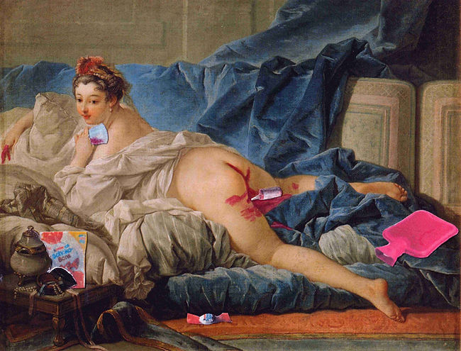 Louise Leathers, Menstruations series - Drink Up or La Chambre Rouge, 2022, collage and acrylic on paper, 6 3/8 x 6 3/8inches