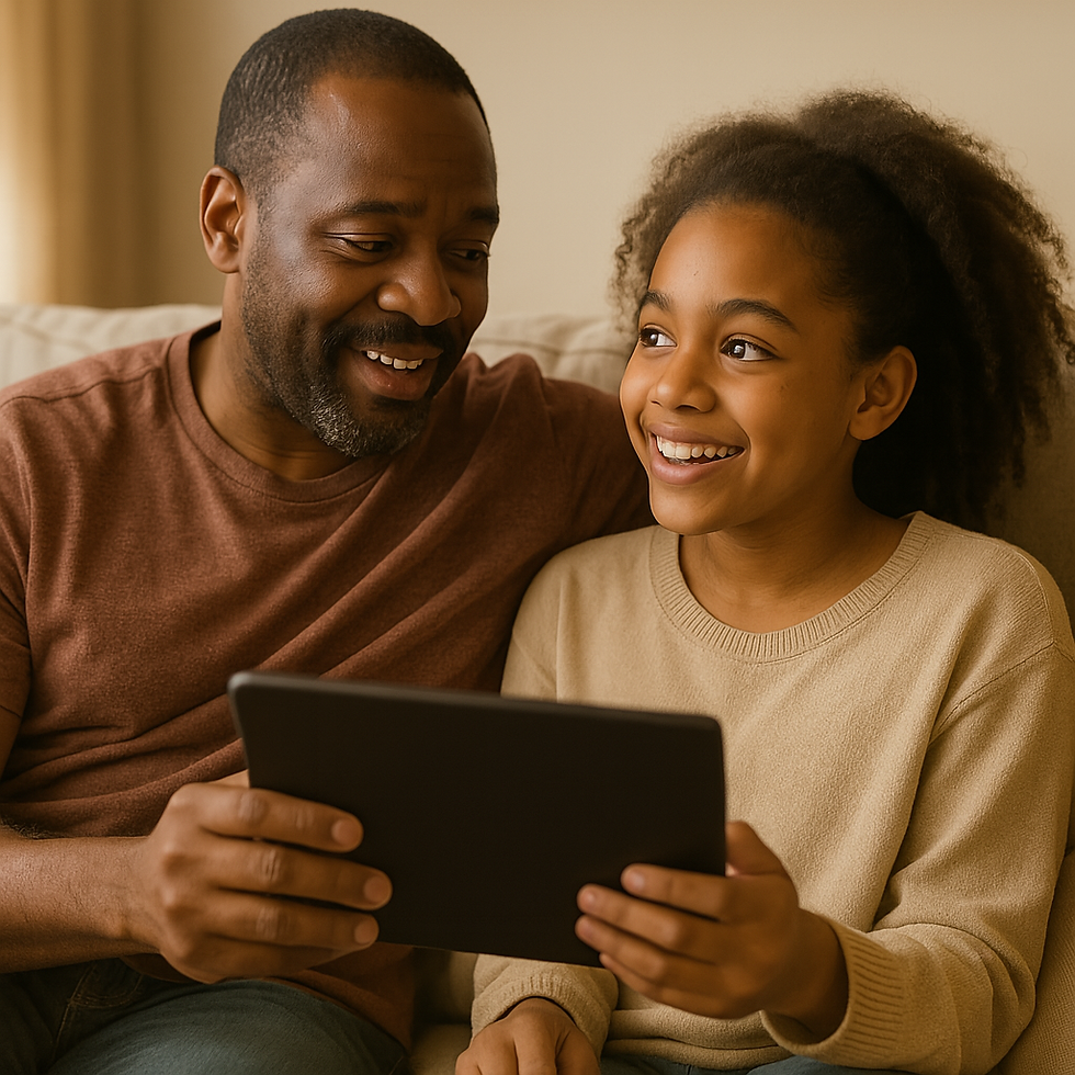 A parent show his tablet to his daughter