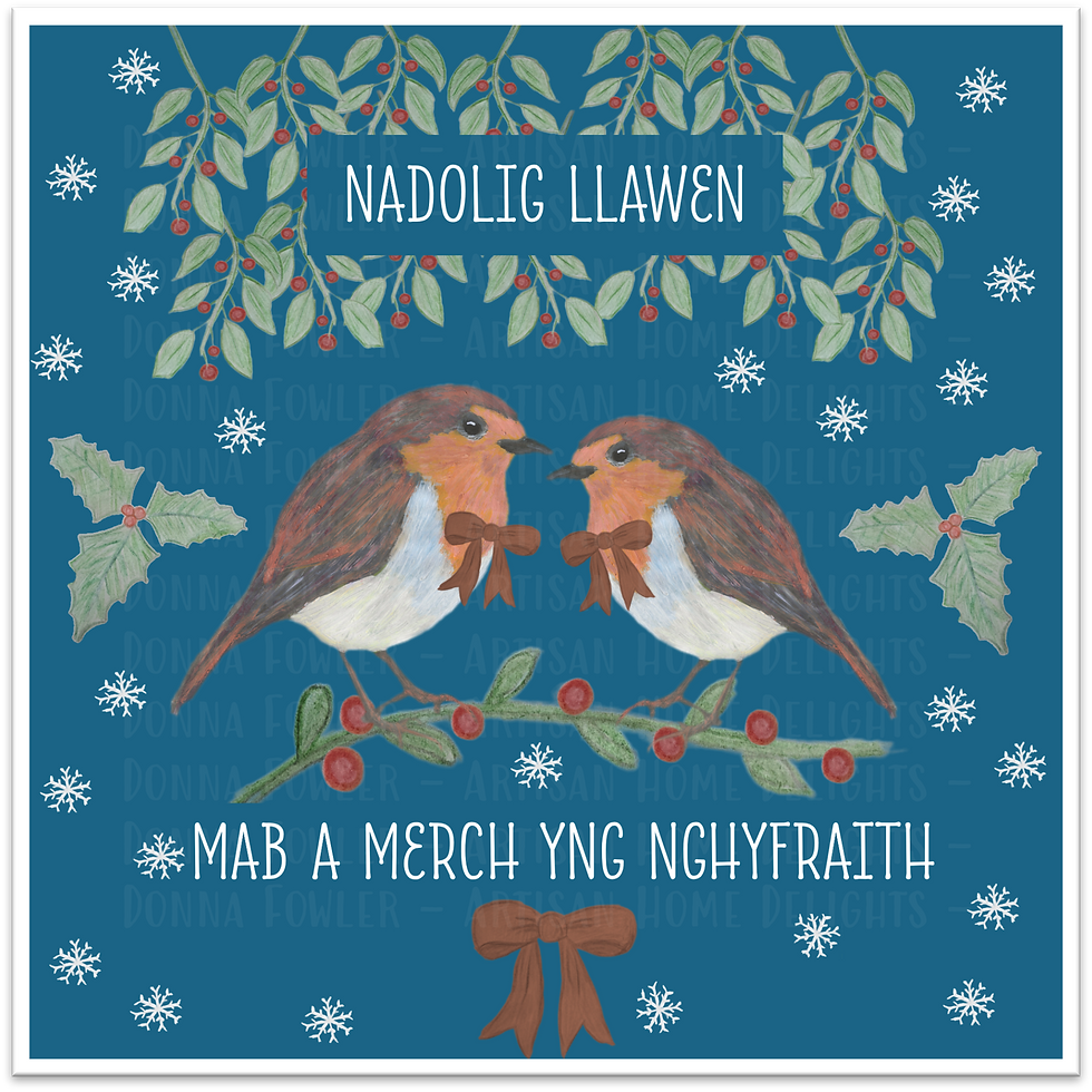 Thumbnail: Greeting Card - Welsh Cymraeg - Nadolig Llawen Family - Christmas Robins Design