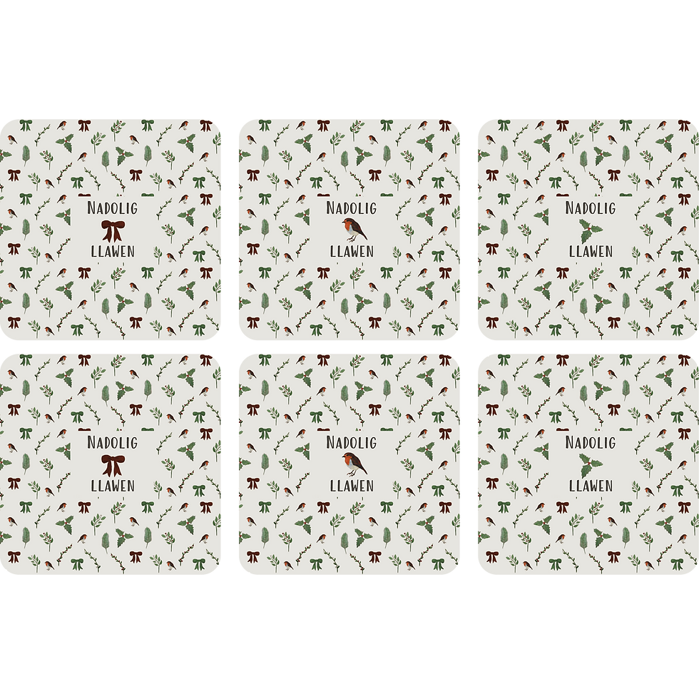 Set of 6 Nadolig Llawen Coasters - Robin Holly Mistletoe Christmas Bow Welsh