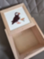 Wooden Trinket Storage Box - Puffin & Daffodils - Coastal Seaside Bird Design