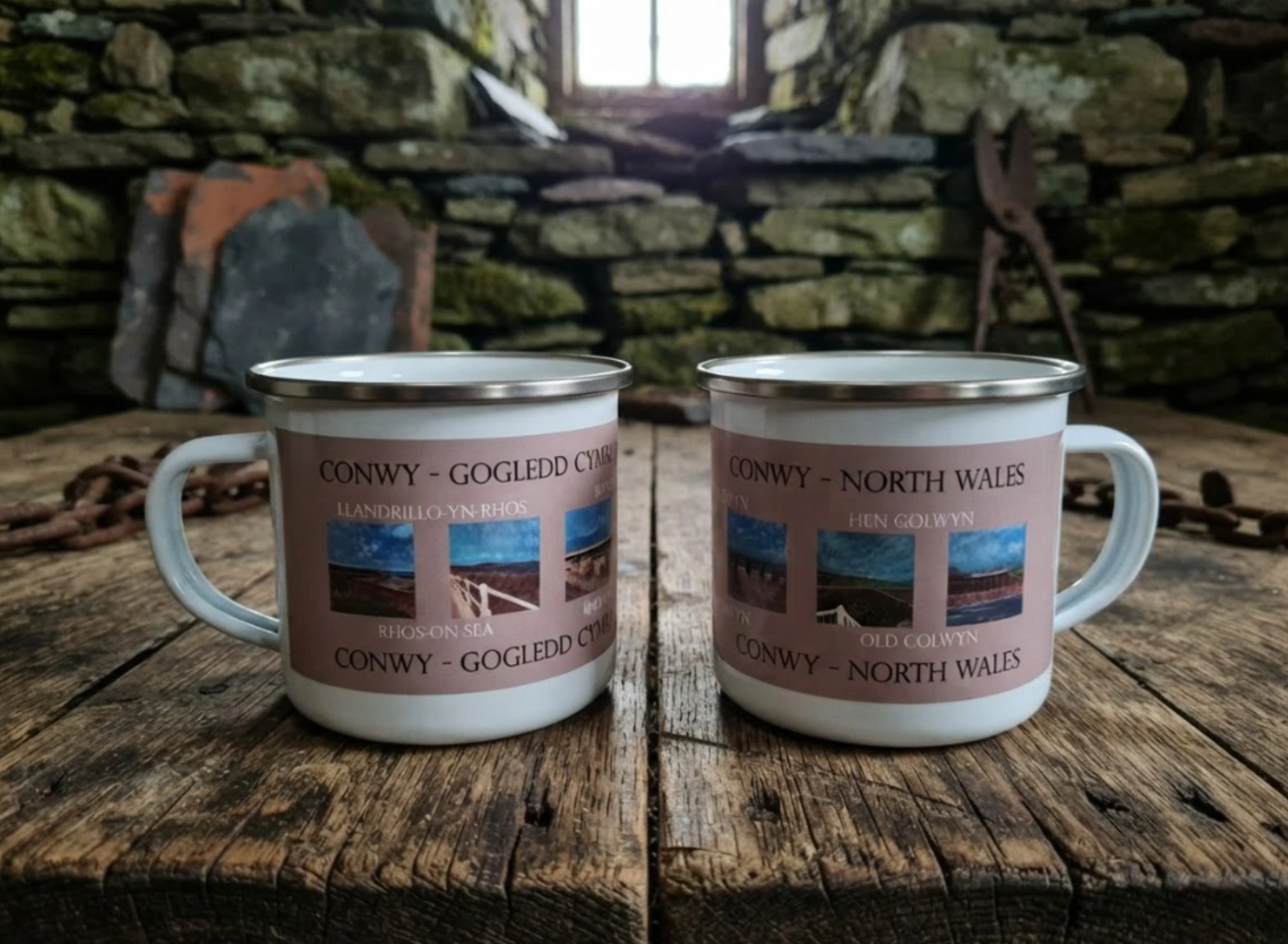 Set of 2 Enamel Camping 12oz Mugs - North Wales Coast Design
