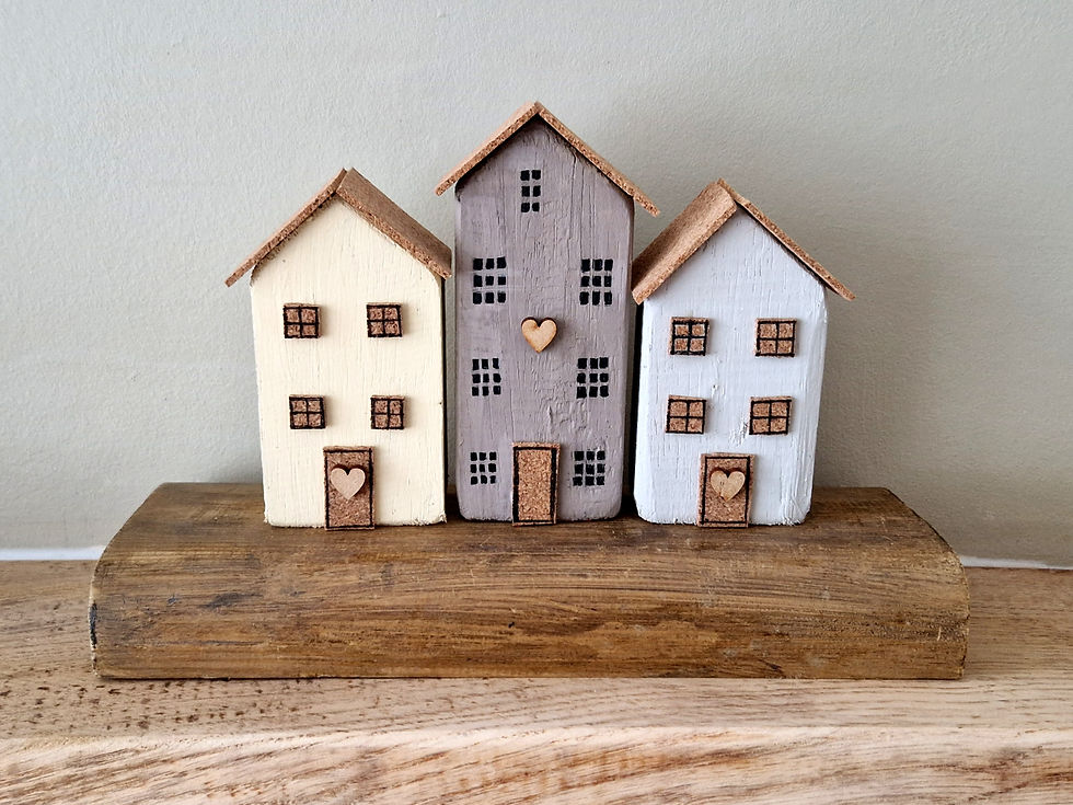 Unique Handmade Wooden Trio of Cottages / House Gift / Decoration in Neutral