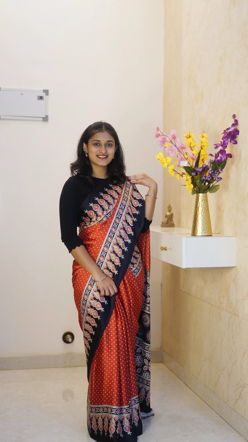 Thumbnail: Red Ajrakh Printed Modal Silk Saree (Code: NIT3SAR)