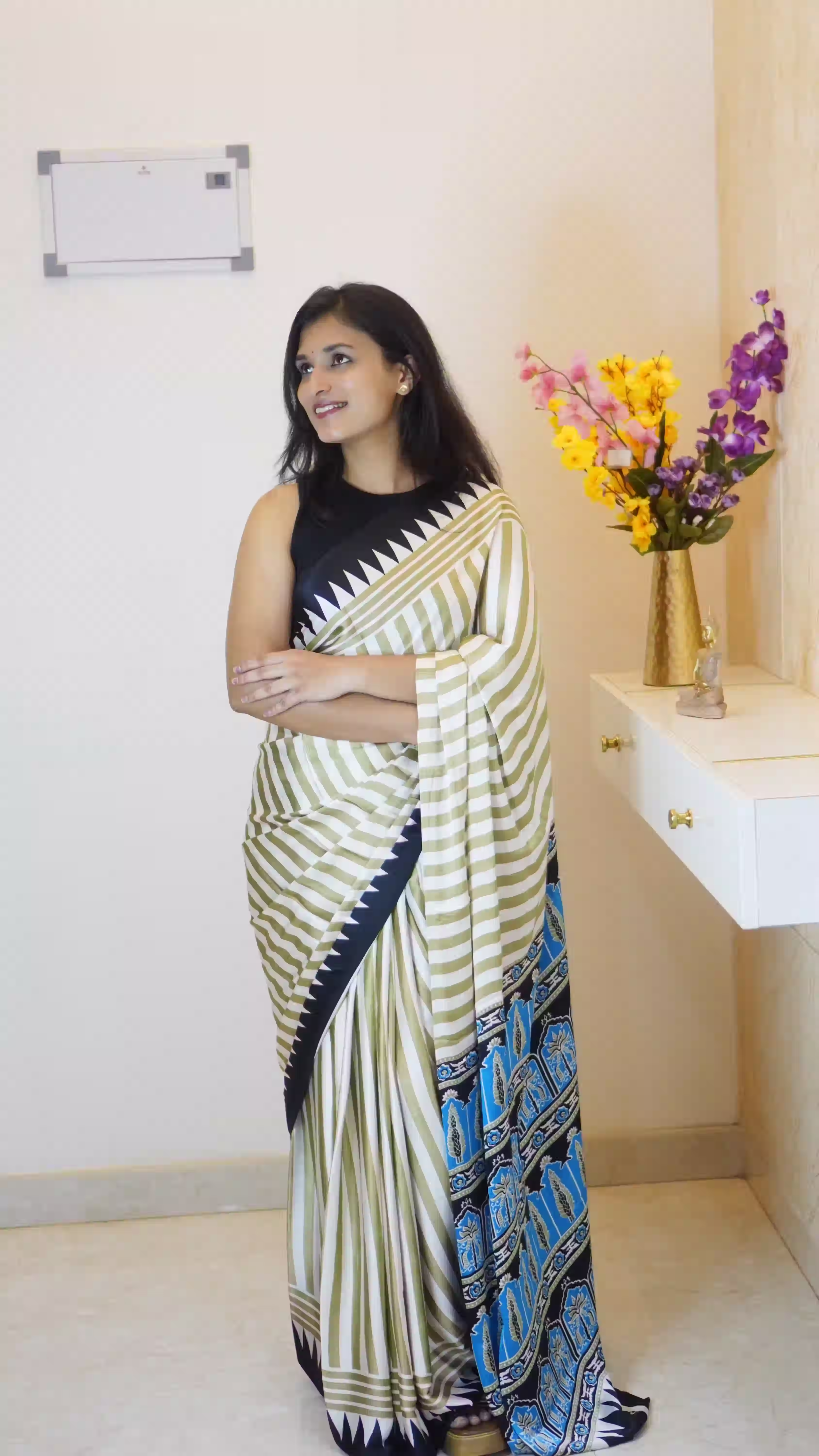 White Ajrakh Printed Modal Silk Saree (Code: NIT6SAR)