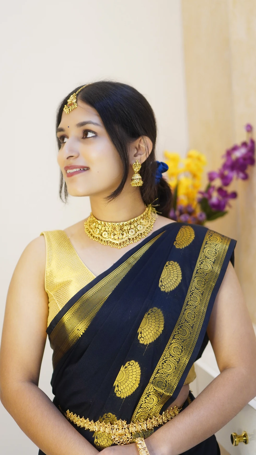 Thumbnail: Black Semi Mysore Crepe Silk Saree (Code: NIT2SAR)