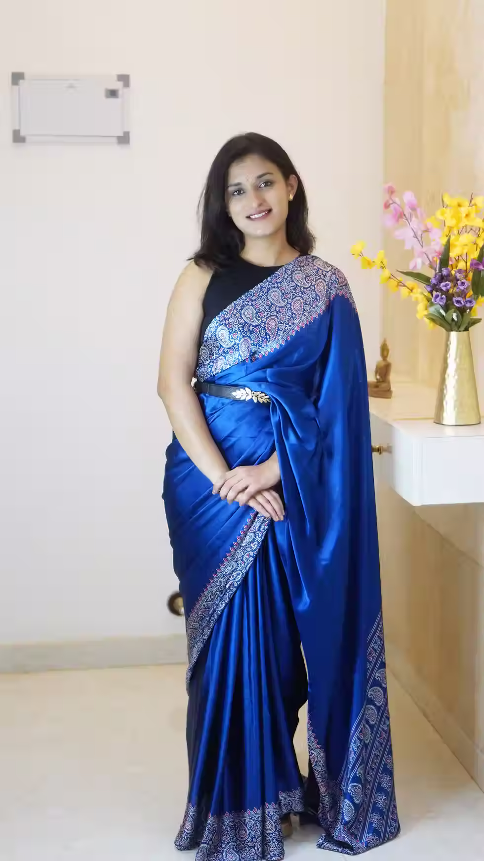 Thumbnail: Blue Ajrakh Printed Modal Silk Saree (Code: NIT5SAR)