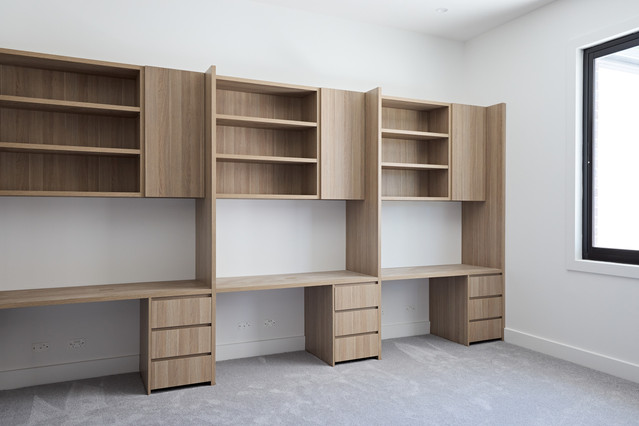 New build home office design kids work stations Maison Oak Polytec