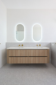 New home design main bathroom double vanity design terrazzo tiles half shelf Polytec Maison Oak