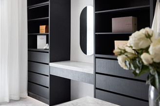 Master walk in robe new build black veneer in built dressing table joinery
