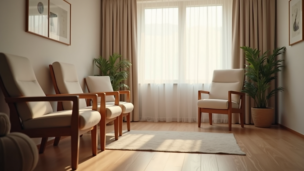 Eye-level view of a calm therapy room with comfortable chairs and soft lighting