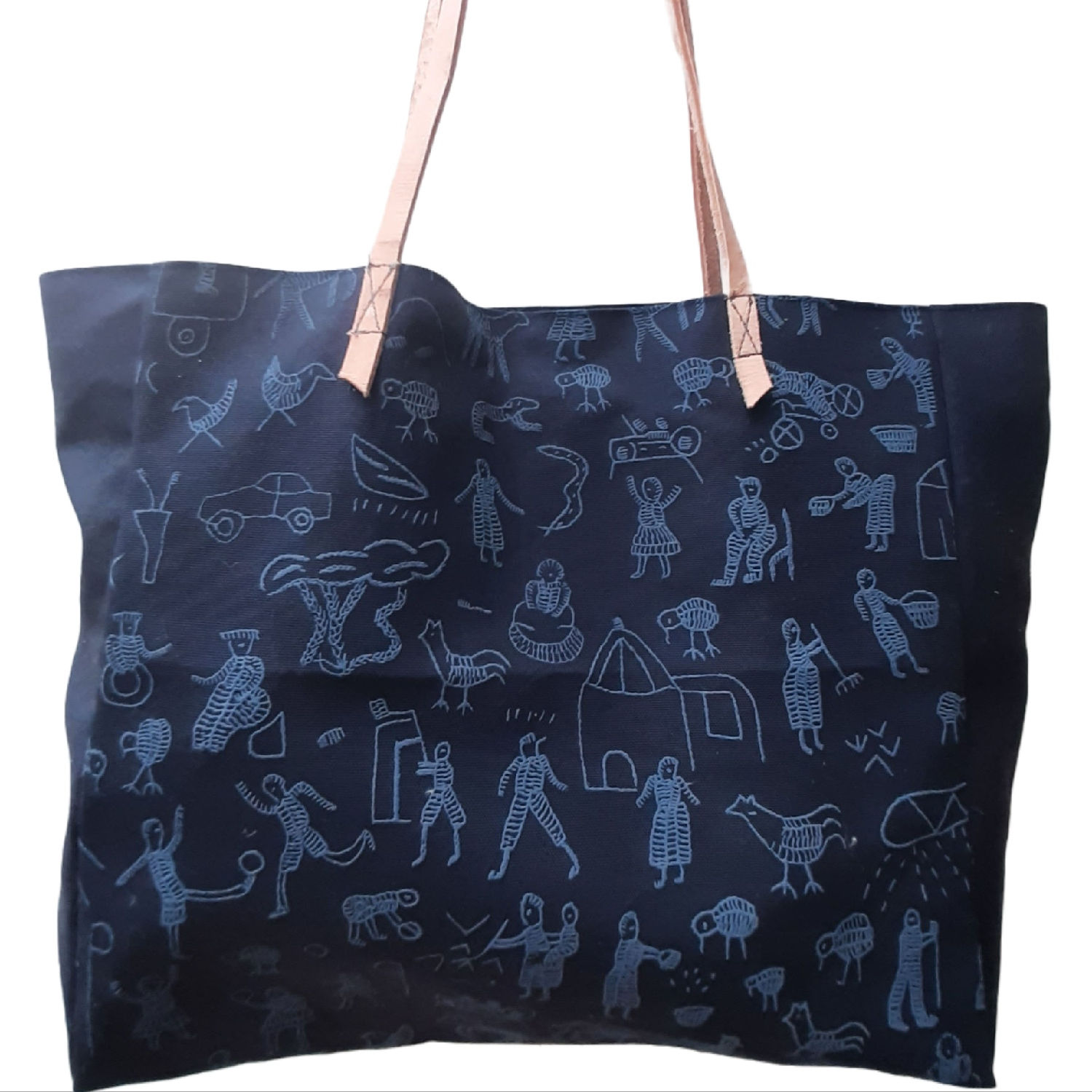 Penduka print shopper with kudu leather shoulder straps