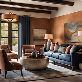 A living room featuring a mosaic fireplace, plush upholstered sofa in earthy hues, and decorative tapestry across a textured wall.