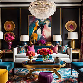 A bedroom characterized by bold wallpaper, layers of textured bedding, and diverse bedside art collection.