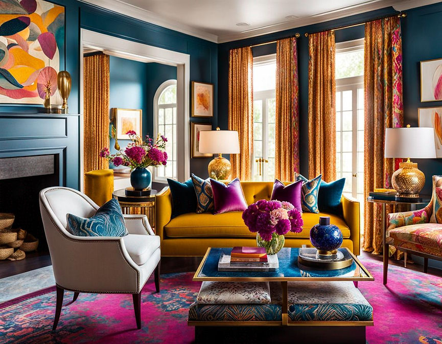 A living room laden with velvet upholstered furniture, contrasting patterned pillows, and an ornately decorated fireplace.