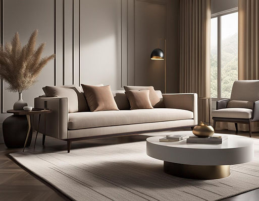 A contemporary living room features a neutral color palette with vibrant accent pillows, a minimalist sectional sofa, and an abstract art piece.