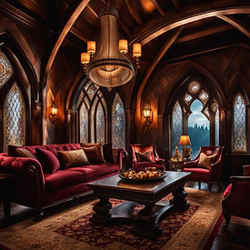 A study incorporating vintage Gothic furniture like an antique desk and bookshelf.