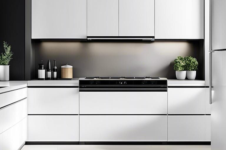 A minimalist kitchen with white cabinets, stainless steel appliances, and a sleek quartz countertop exudes elegance and simplicity.