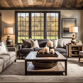 Imagine a room with a whitewashed brick fireplace, comfortable beige sofas adorned with plaid and burlap pillows, reclaimed wood coffee table, and a vintage area rug.