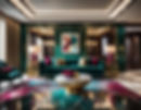 Rich leather sofas, geometric patterned rugs, and glossy wood tables amplify the Art Deco aesthetic.