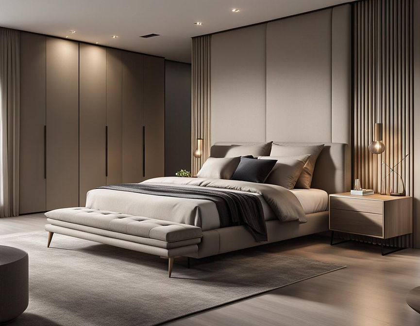 In a modern bedroom, you might find a platform bed with minimalistic bedding, streamlined dressers, and pendant lights for a clean, uncluttered ambiance.