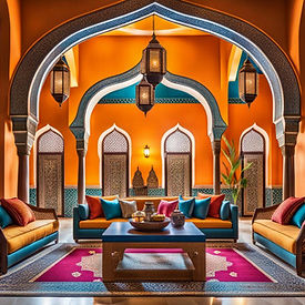 A bedroom characterized by a large canopy bed, dramatic curtains, and boho chic decor substances the Moroccan interior design style.