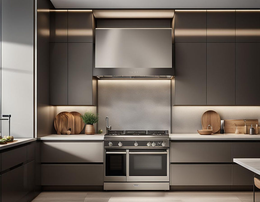 A modern kitchen would showcase flat-panel cabinetry, quartz countertops, stainless steel appliances, and a minimalist island with barstools for a contemporary touch.