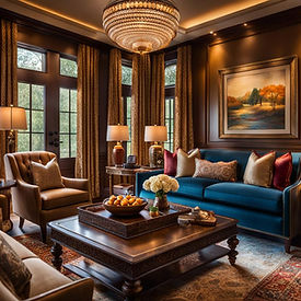 A polished wooden dining table paired with upholstered chairs and flanked by classic artwork captures the elegance of traditional design.