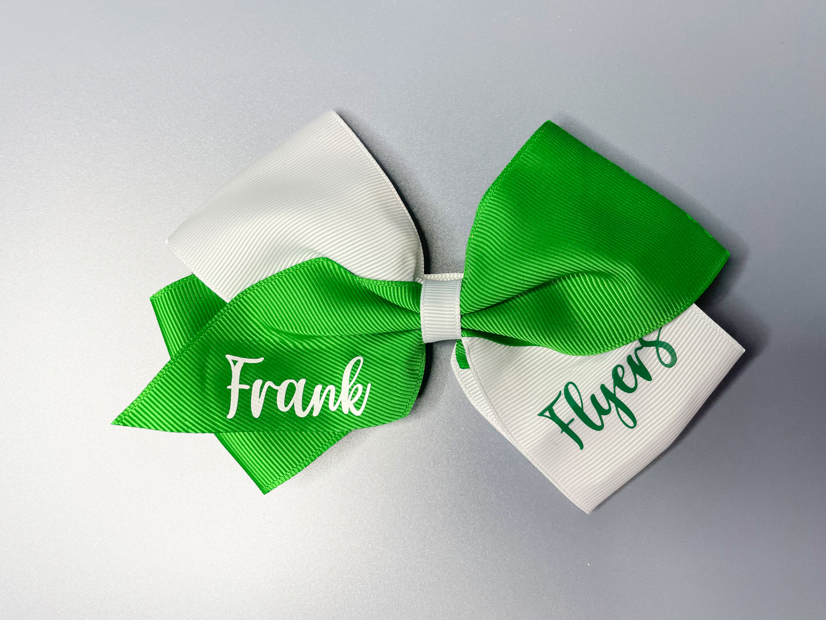 Frank Flyers Script Green and White Oversized Hair Bow