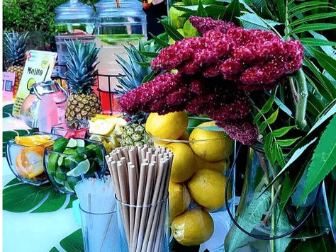 Self-serve Mojito Bar with spirits, mixers, fresh fruit, and herbs prepared for an outdoor backyard event