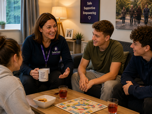 Outstanding Registered Manager building trust and positive relationships with young people during an evening activity in a UK children’s residential home.