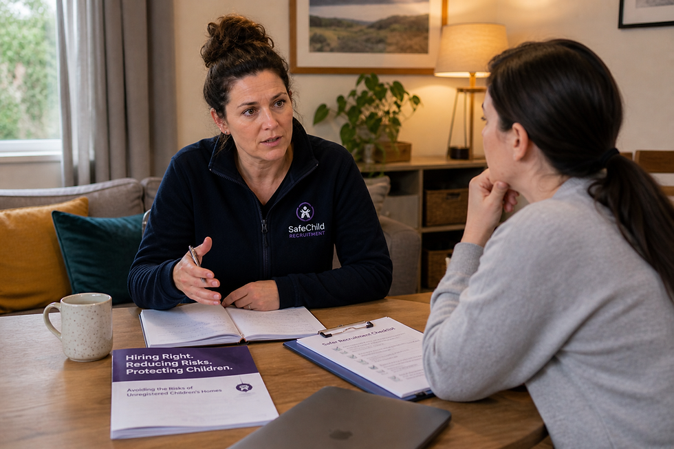 Recruitment meeting focused on preventing unregistered children’s home risks through safe hiring practices in a UK residential care setting.