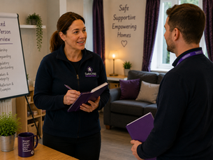 Registered Manager candidate preparing for an Ofsted fit person interview inside a UK children’s residential home with leadership coaching support.
