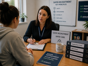 Safer recruitment interview for support worker in UK children’s residential care including DBS checks, identity verification and safeguarding compliance process