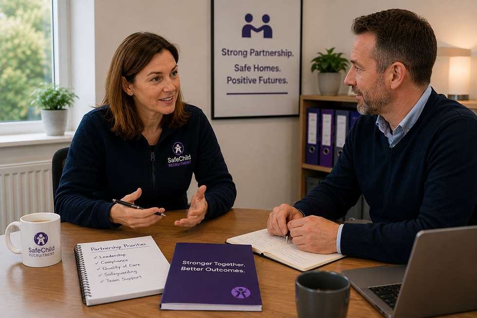 Registered Manager and Responsible Individual meeting to discuss leadership partnership and safeguarding priorities in a UK children’s residential care setting.