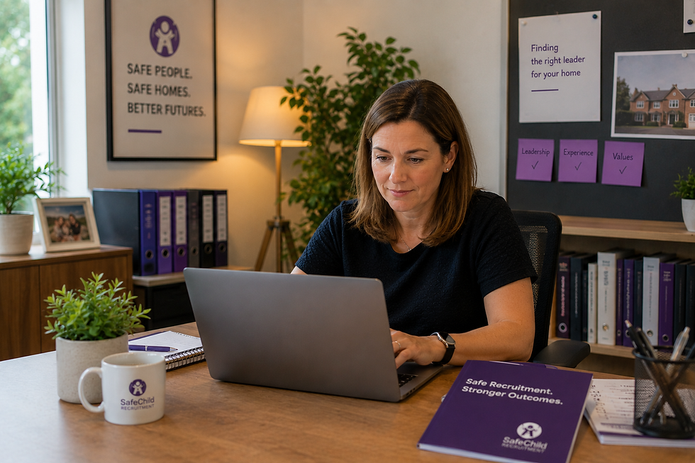 UK children’s residential care recruitment consultant working in a professional office environment while sourcing an Ofsted-ready Registered Manager.