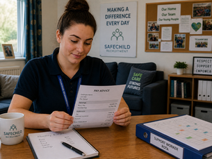 Residential support worker reviewing payslip and rota in UK children’s residential care home showing salary and earnings structure in North West England