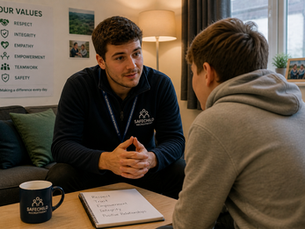 Support worker building trust with young person in UK children’s residential home demonstrating empathy and values based care approach
