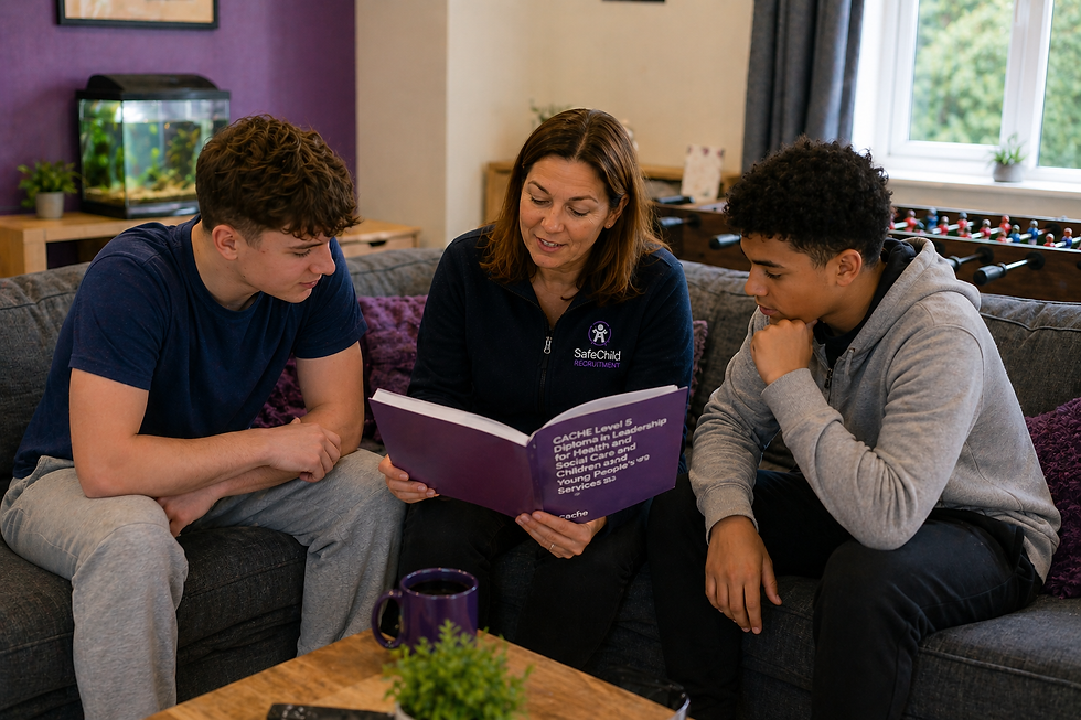  Residential care leader discussing Level 5 Diploma development with young people inside a warm UK children’s residential home environment.