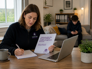  Children’s residential care professional reviewing Ofsted judgement changes while a young person sits in a home environment, reflecting real UK care practice.
