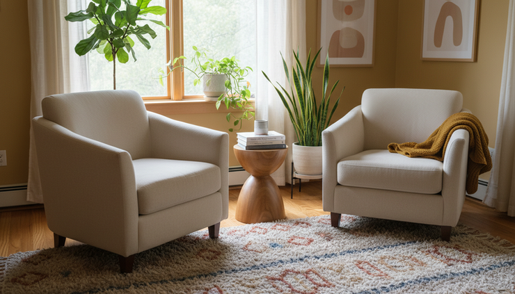 Eye-level view of two comfortable armchairs facing each other in a quiet room