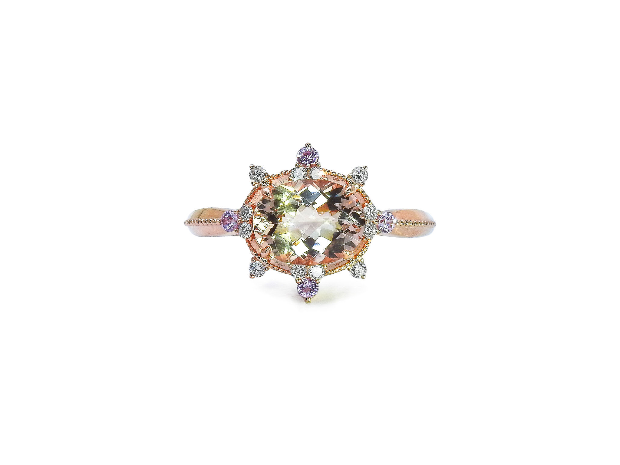 Oval Morganite, Round Diamond and Pink Sapphire Ring with Beaded Shank