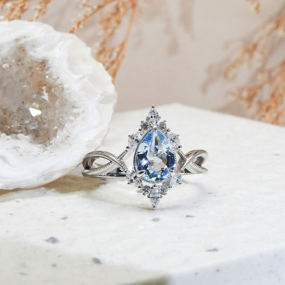縮圖：Pear Shape Aquamarine and Cluster Diamond Ring