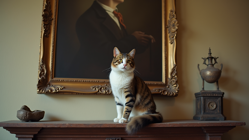High angle view of a hand-painted oil portrait of a cat on a mantelpiece