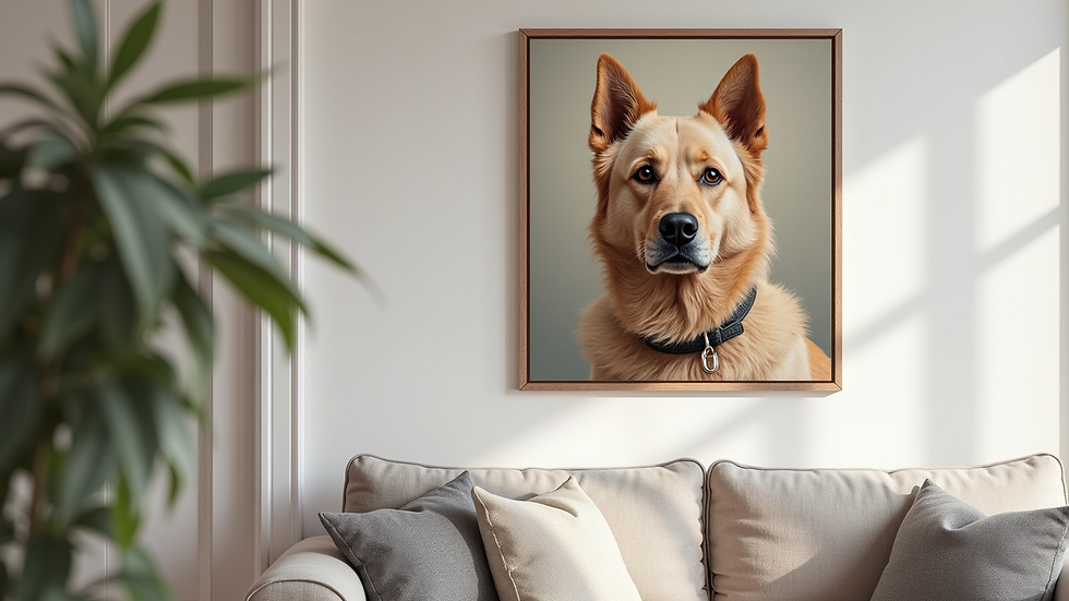 Eye-level view of a framed pet memorial oil painting hanging on a living room wall
