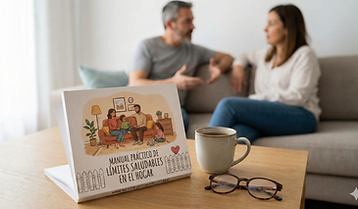 En la imagen hay una familia doalogando en paz con un libro y un cafe