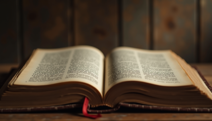 Vista a nivel de ojo de un libro antiguo abierto con páginas iluminadas por luz suave