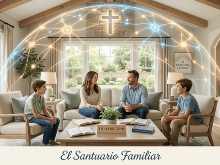 Una sala de estar acogedora con un letrero de madera que dice 'TECH-FREE ZONE' sobre una mesa de café, rodeada de libros abiertos y personas sentadas en sillones, con un brillo dorado circular en el suelo.