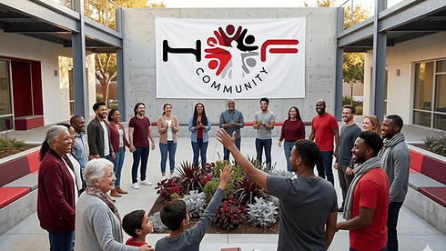 Comunidad diversa de todas las edades reunida en un patio